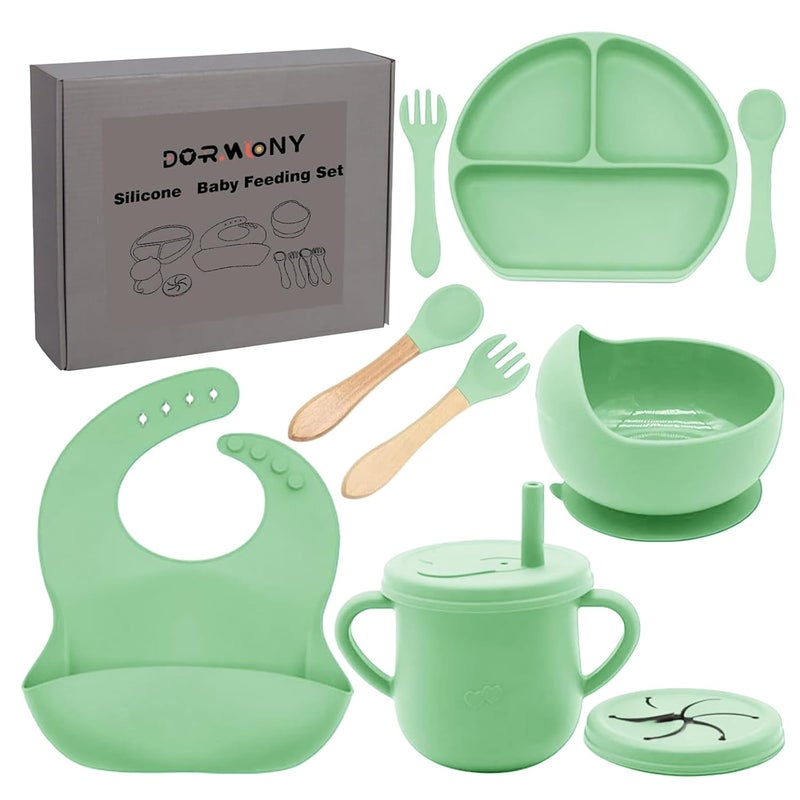 Dormlony 100% Silicone Baby Feeding Set,BPA Free Baby Dishes Set with Suction Bowl Divided Plate,Toddler Self Feeding Dish Set with Spoons Forks Sippy Cup and Bib, Baby Eating Utensils (Neon Green) - Image 1